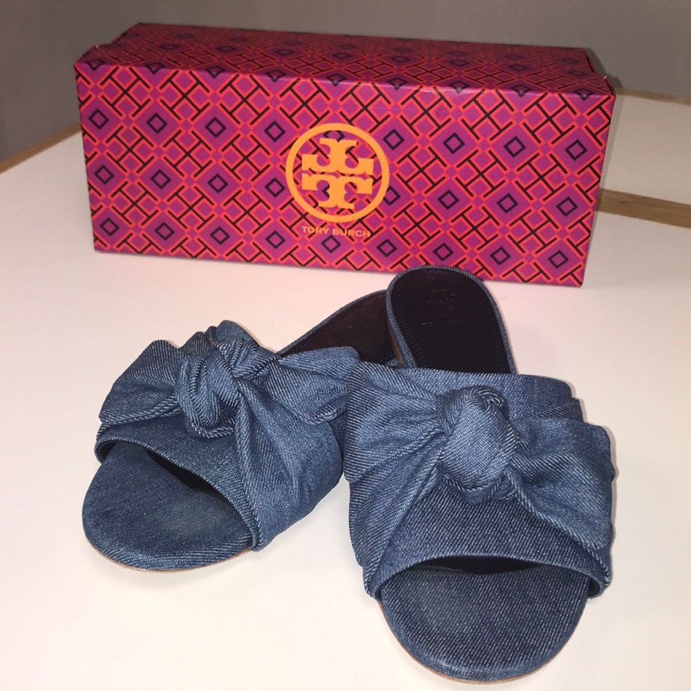 Tory Burch Denim bow slides